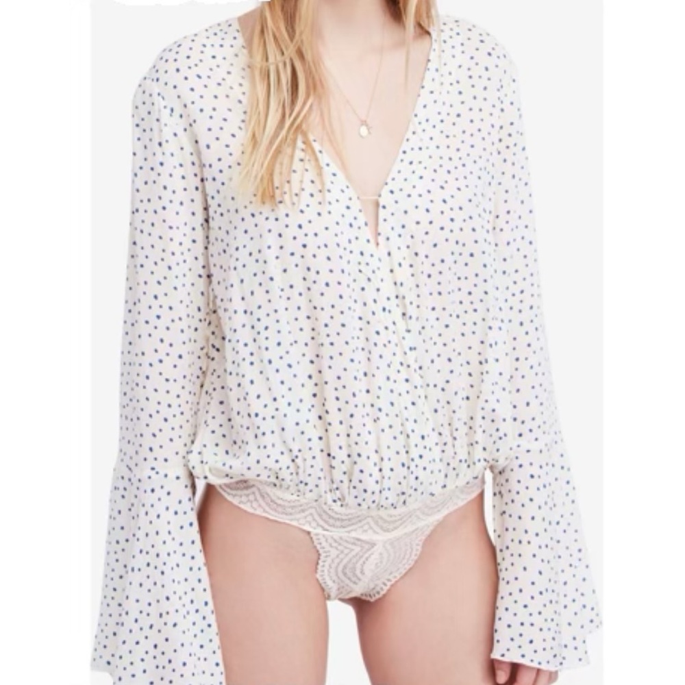 Free People Cream/Blue Polka Dot Bodysuit- XS